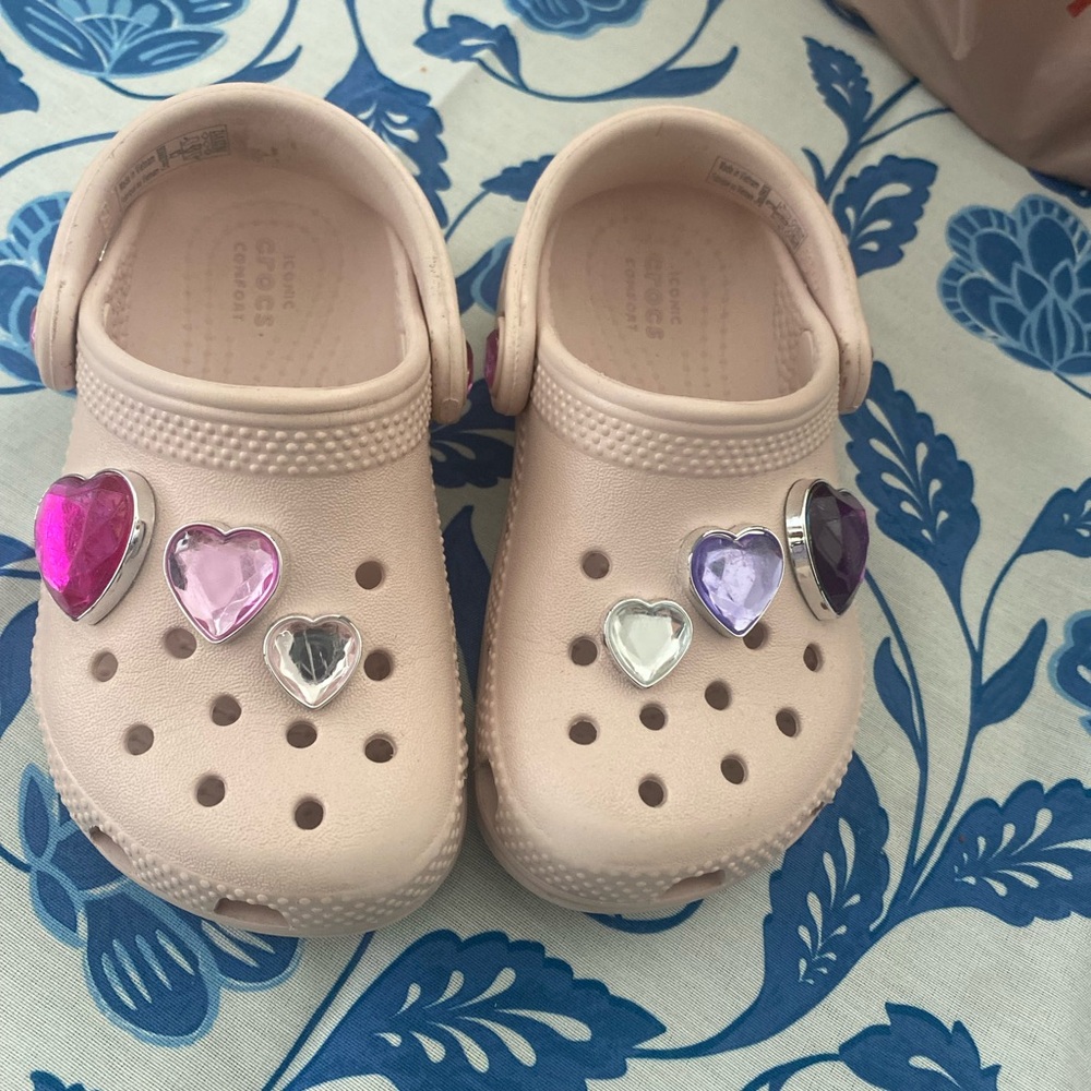 CROCS Cream and Pink Sandals with Heart Charms